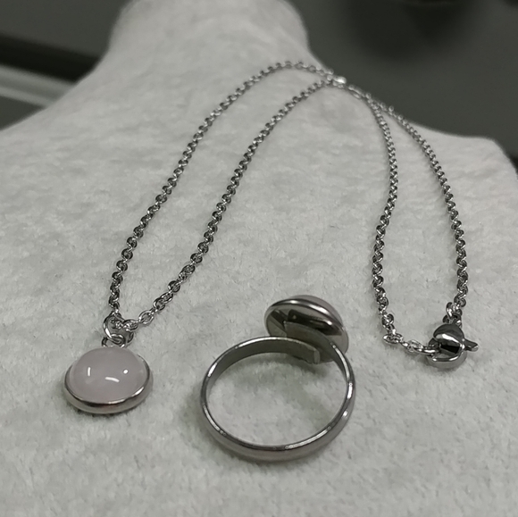 Rose Quartz Necklace Ring Set Natural Gemstone Adjustable Stainless-Steel 2pc - Picture 9 of 11